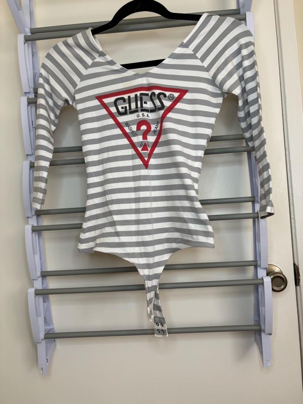 Guess Gray & White Striped Logo Long Sleeve Bodysuit